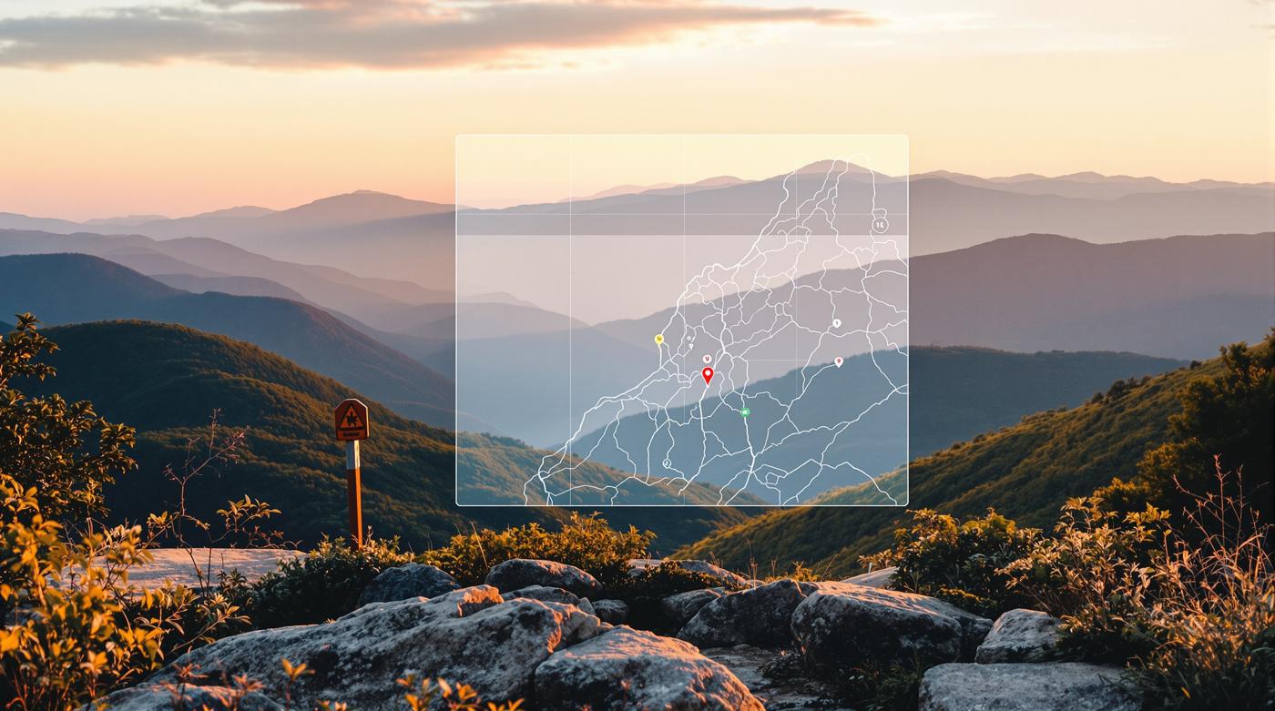 Illustration: a Blue Ridge overlook at golden hour with a translucent trail-map interface floating over the landscape.